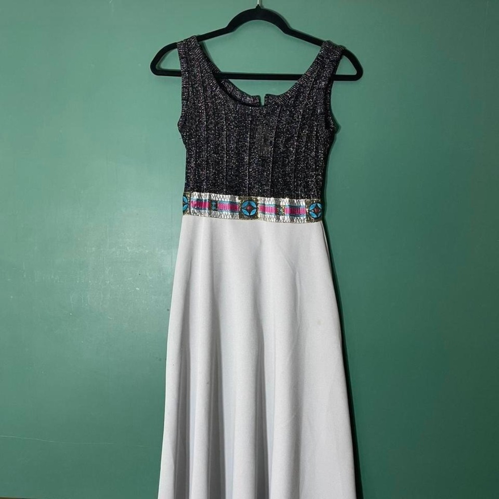 Vintage 1970s black & white maxi dress with embellished waist and pleated skirt